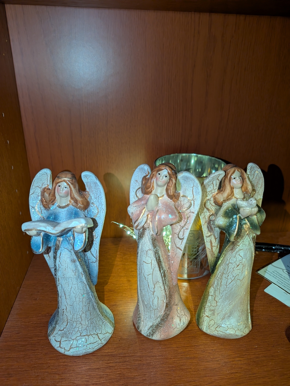 Decorative Glitter Ceramic Angel Figurine Set - Blue, Pink, Green